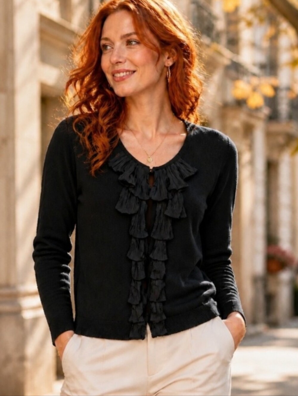 Chico's Black Ruffle-Front Sweater Cardigan